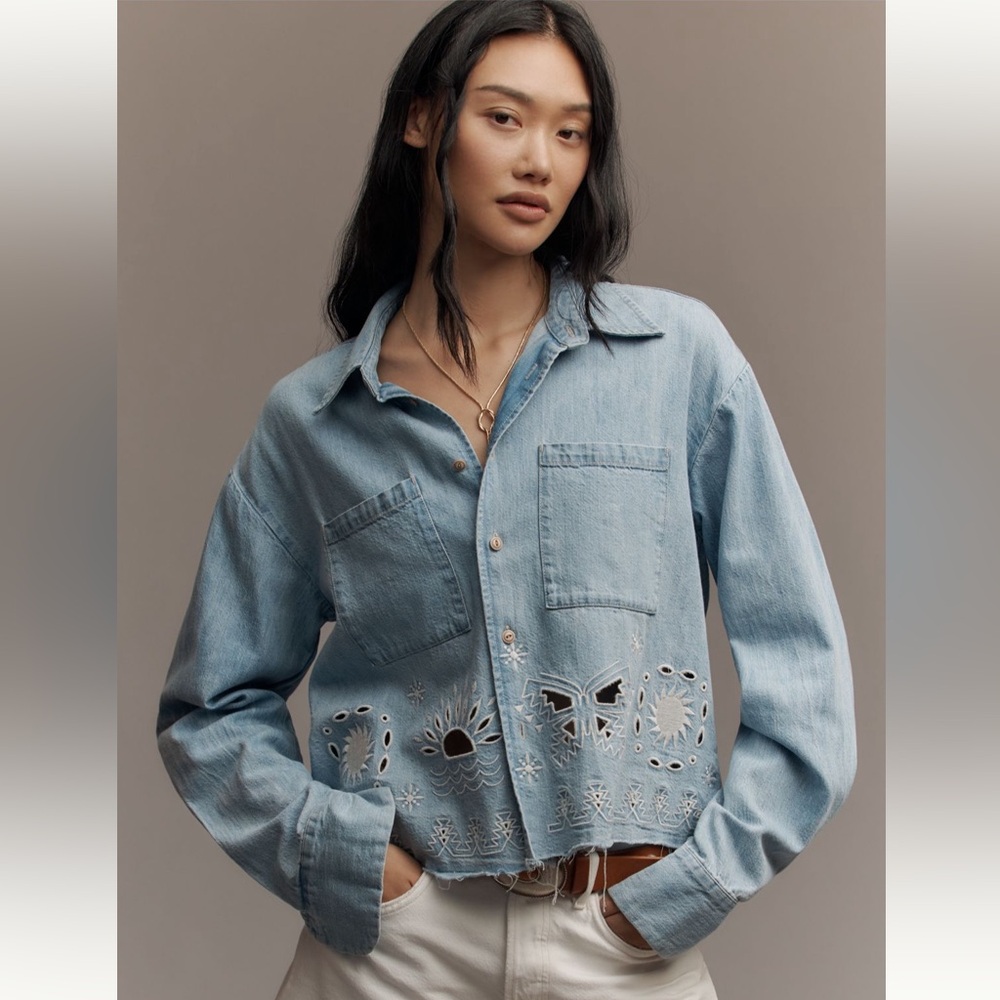 Mother The Roomie Double Frenchie Embroidered Denim Button-Up Shirt